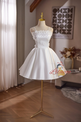 White Satin Straps Flower Pearls Wedding Dress