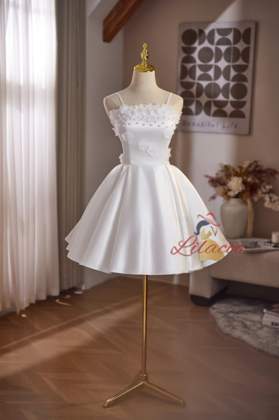 White Satin Straps Flower Pearls Wedding Dress