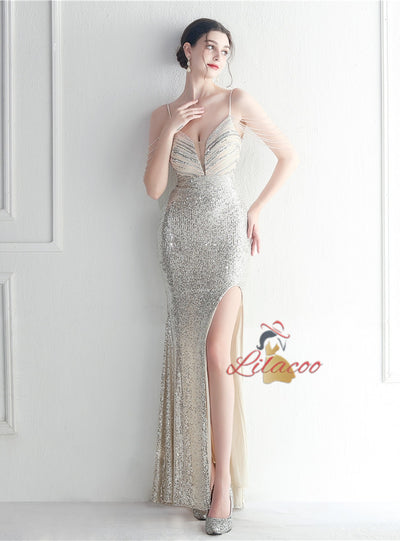 Spaghetti Straps Sequins Beading Prom Dress
