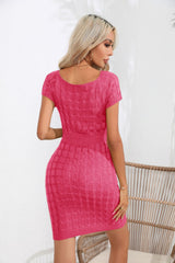 Button Square Neck Short Sleeve Sweater Dress