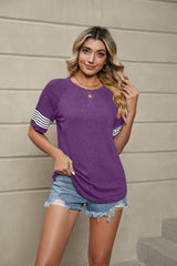 Striped Stitching Loose Round Neck Short Sleeve T-shirt
