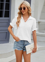 Solid Color Lapel Short Sleeve Pleated Loose T-shirt
