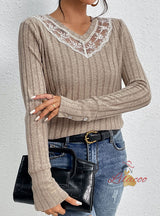 Spliced Solid Color Long Sleeve V-neck Top