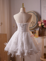 White Tulle Lace Strapless Flower Homecoming Dress