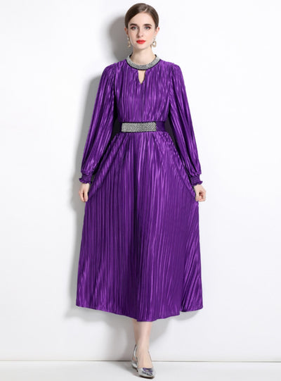 Round Neck Lantern Sleeve Beaded Pleated Dress