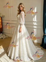 White Lace Long Sleeve Square Neck Wedding Dress