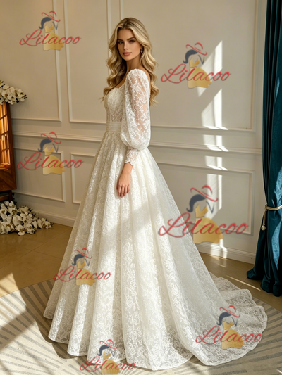 White Lace Long Sleeve Square Neck Wedding Dress