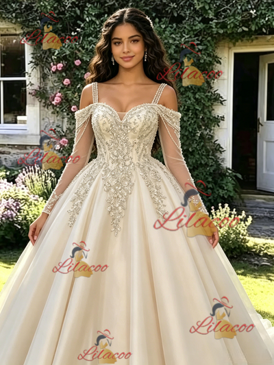 Champagne Tulle Long Sleeve Appliques Quinceanera Dress
