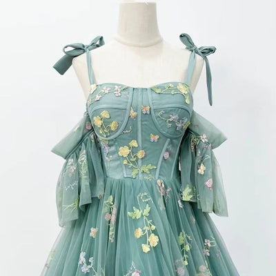Green Tulle Embroidery Straps Prom Dress