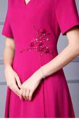 Fuchsia Short Sleeve V-neck Mother Of The Bride Dress