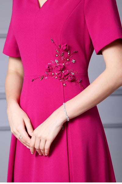 Fuchsia Short Sleeve V-neck Mother Of The Bride Dress