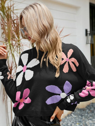 Long Sleeve Round Neck Flower Pullover Loose Sweater