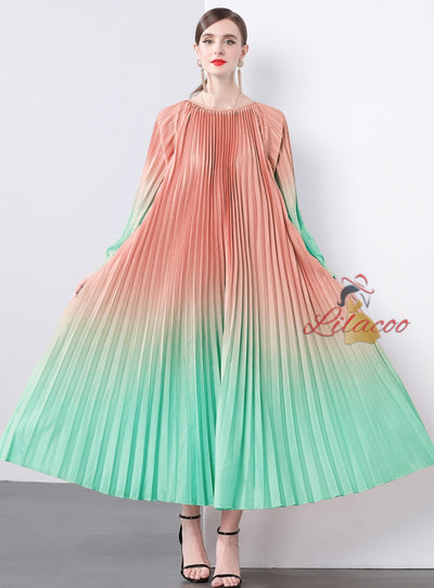 Long Sleeve Print Oversized Pleated Dress