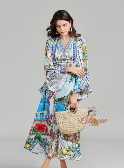 Retro Palace Printed V-neck Flared Sleeve Dress