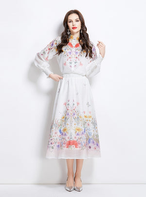 Set Lantern Sleeve Printed Shirt+Skirt Two-piece Suit