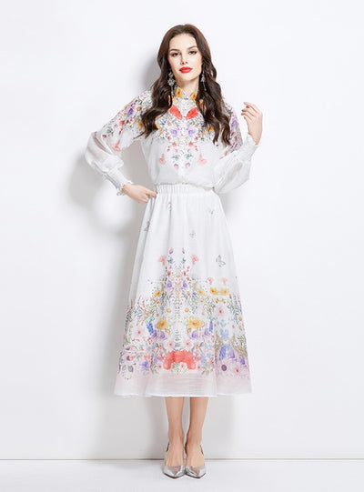 Set Lantern Sleeve Printed Shirt+Skirt Two-piece Suit