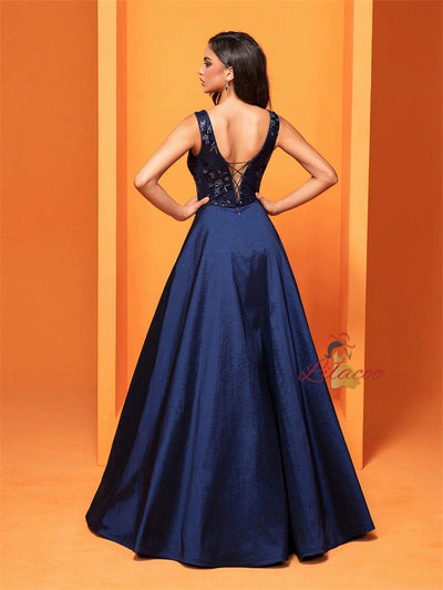 Dark Blue V-neck Satin Prom Dress