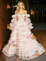Pink Tulle Long Sleeve Tiers Prom Dress