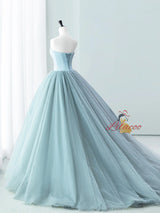 Blue Satin Tulle Strapless Beading Prom Dress