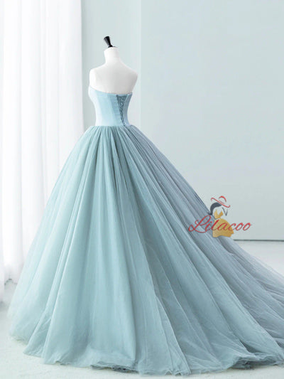 Blue Satin Tulle Strapless Beading Prom Dress