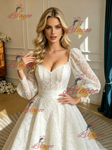 White Lace Long Sleeve Square Neck Wedding Dress