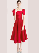 Solid Color Pleated Slim Square Collar Dress