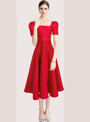 Solid Color Pleated Slim Square Collar Dress