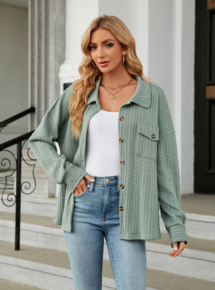 Solid Color Lapel Pocket Long Sleeve Coat