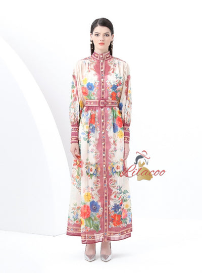 Retro Stand-up Lantern Sleeve Printed Dress