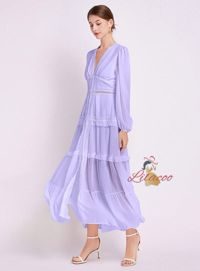 Deep V-neck Lace Long Sleeve Split Dress