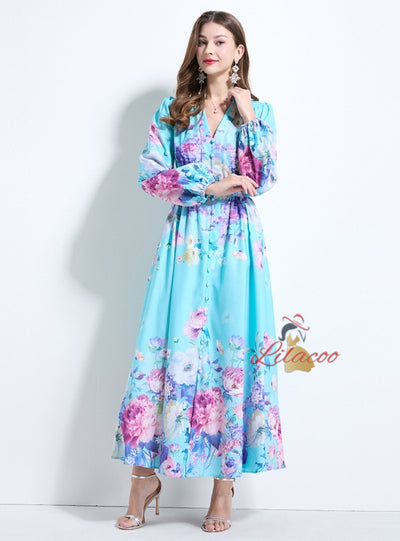 Fashion Printed Lantern Sleeve Dress