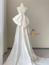 White Satin Strapless Pleats Wedding Dress