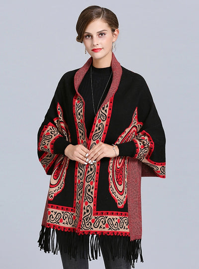 Jacquard Fringed Knitted Shawl Cloak