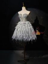 Gray Tulle Beading Feather Strapless Homecoming Dress