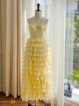 Yellow Sleeveless Suspender Bow Dress