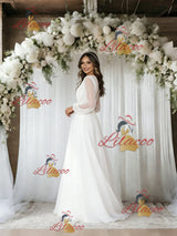 White Tulle Long Sleeve Pleats Wedding Dress