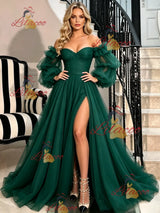 Green Long Sleeve Off the Shoulder Prom Dress
