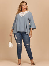 Trumpet Sleeve Lace V-neck Solid Color Loose Top