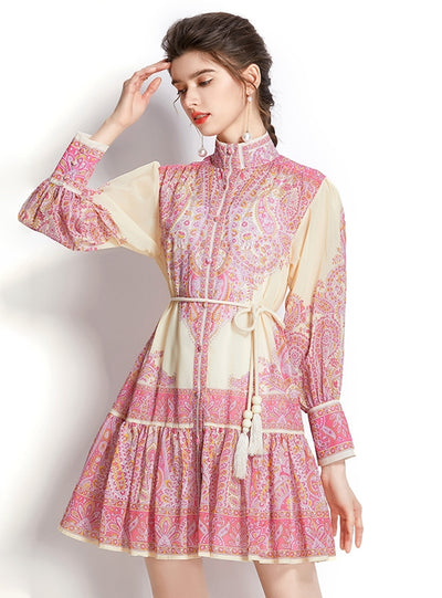 Long Sleeve Chiffon Print Short Dress