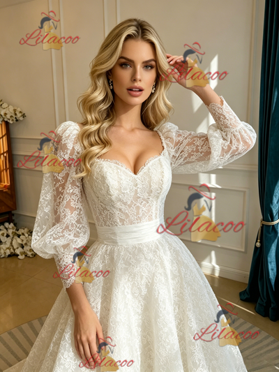 White Lace Long Sleeve Square Neck Wedding Dress