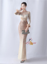 Sequins Long Sleeve Feather Prom Dress