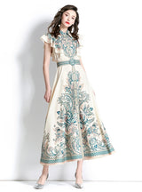 Palace Style Lapel Sleeveless Print Long Dress