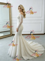 Beige White Mermaid Sequins Long Sleeve Wedding Dress