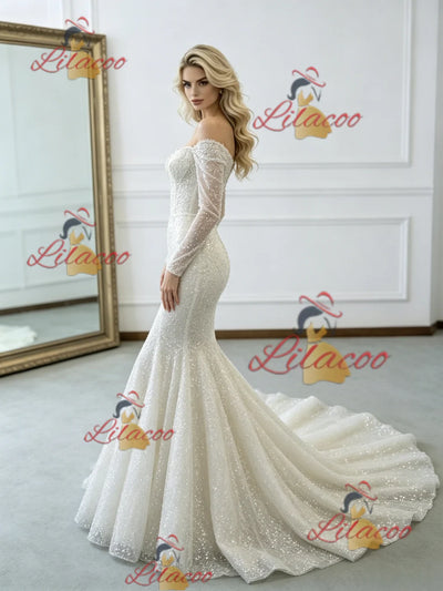 Beige White Mermaid Sequins Long Sleeve Wedding Dress