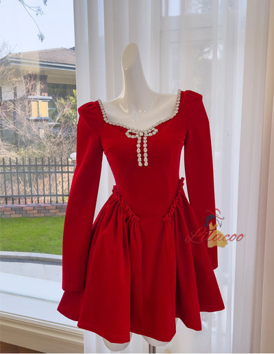Retro Red Velvet Long Sleeve Dress