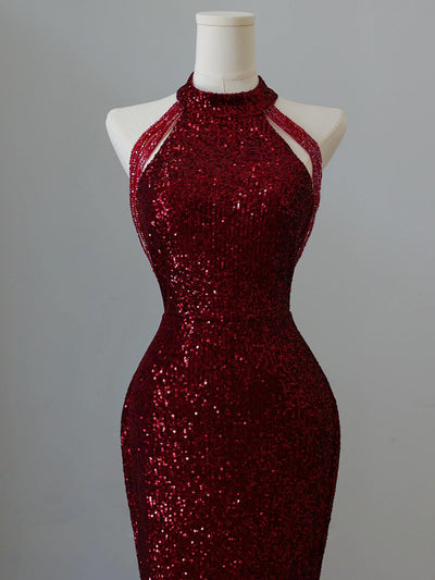 Burgundy Mermaid Sequins Halter Beading Prom Dress