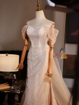 Champagne Tulle Lace Split Wedding Dress