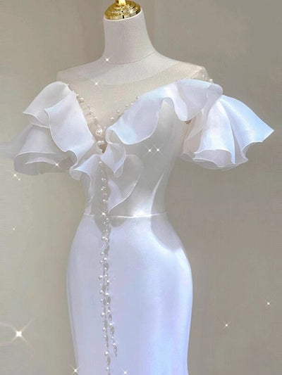 Sexy White Mermaid Pearls Wedding Dress