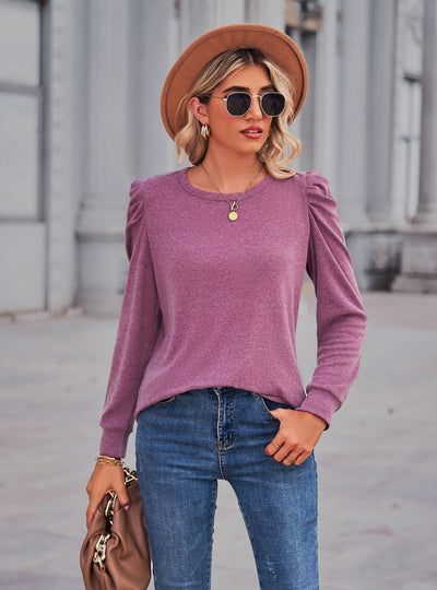 Round Neck Pleated Long Sleeve T-shirt