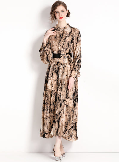 Round Neck Long Sleeve Ink Print Loose Dress